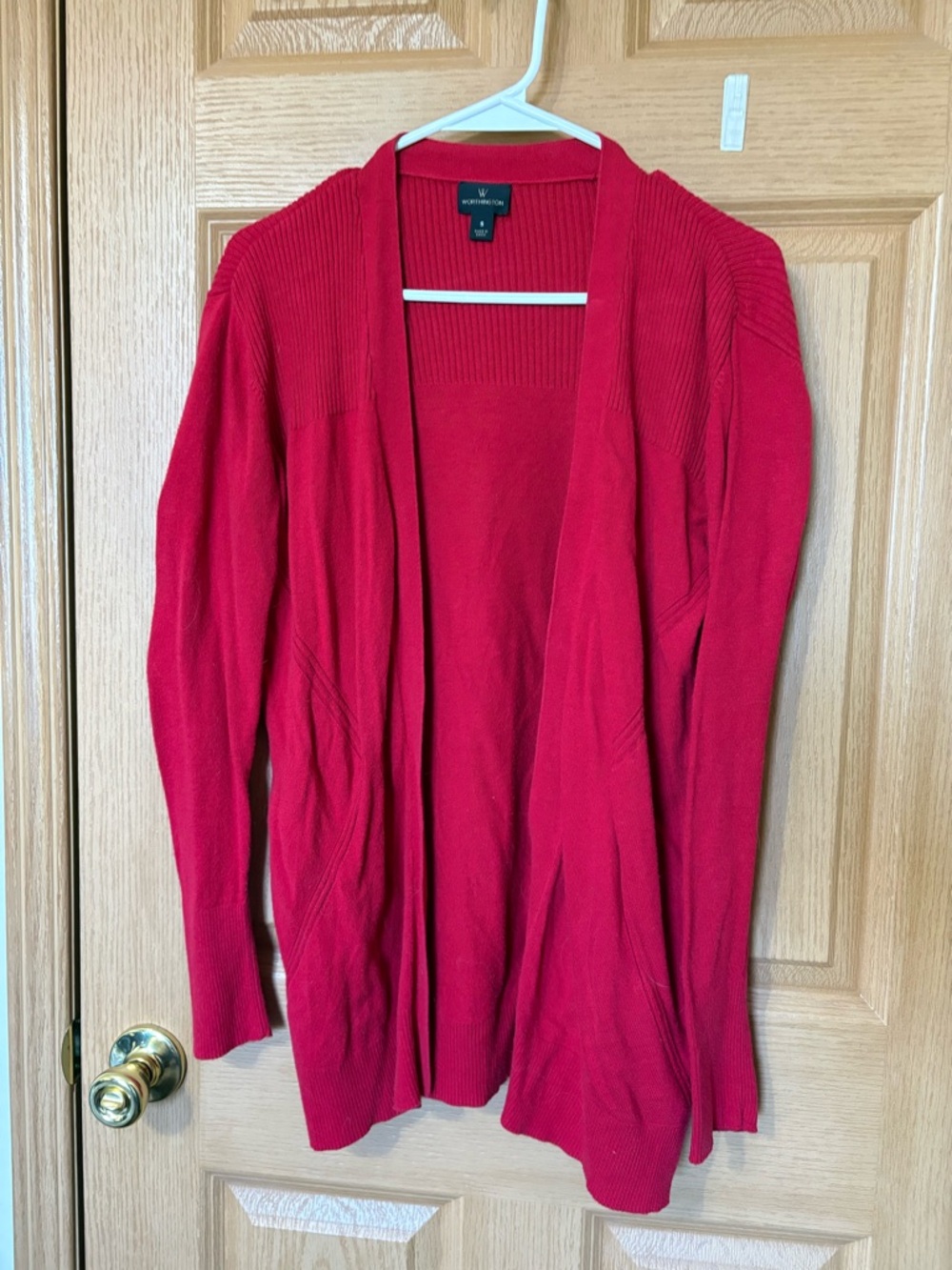 Worthington Red Open-Front Ribbed-Shoulder Cardigan